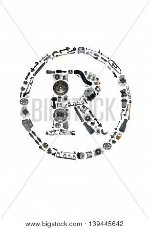 Trade Mark icone with auto parts for car. Spare parts for car for shop, aftermarket OEM. Many auto parts isolated in Trade Mark icone. Car parts