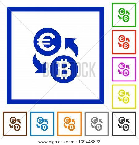 Set of color square framed Euro Bitcoin exchange flat icons