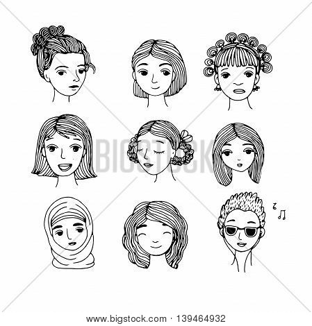 Different faces. Hand drawing isolated objects on white background. Vector illustration.