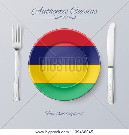 Authentic Cuisine of Mauritius. Plate with Mauritian Flag and Cutlery