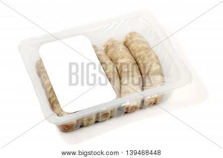 kupaty (bratwursts) in modified atmosphere packaging (MAP) on the white background