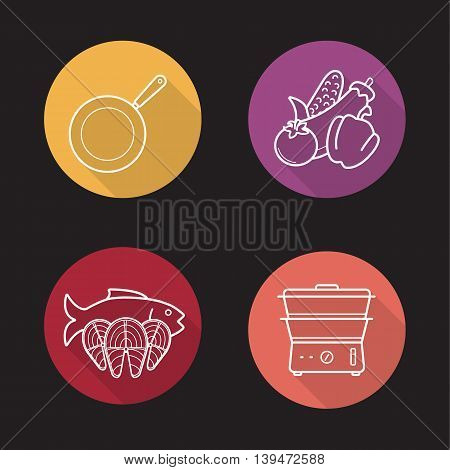 Steam cooking flat linear long shadow icons set. Frying pan, vegetables, fish and steam cooker. Vector line symbols