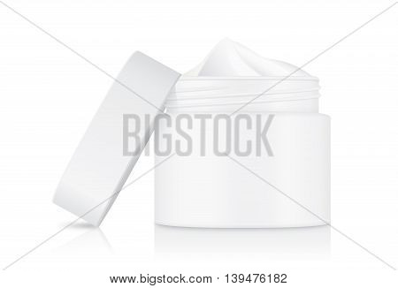 Cream container opaque white color with white cap which opened at side it. showing inside of jar cream.