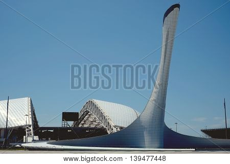 Sochi, Russia, July 5, 2016: The cup of Olympic flame in the Olympic park and stadium 