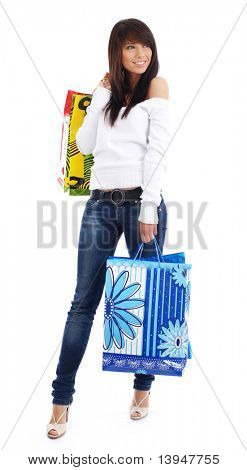 Shopping glad kvinde. Isoleret over hvid baggrund