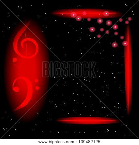 Music Poster Template with treble and bass clef, frame and red flashes