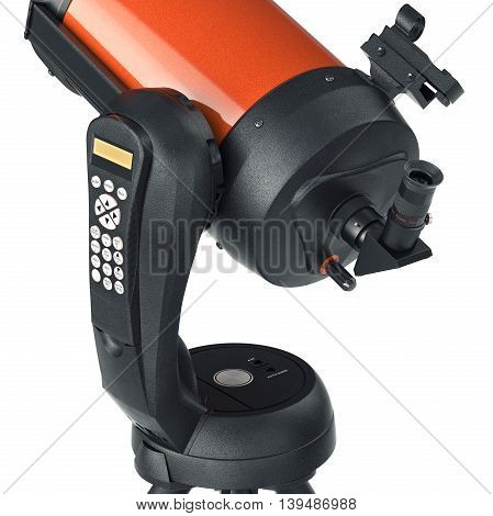 Telescope instrument for astronomy with console, close view. 3D graphic