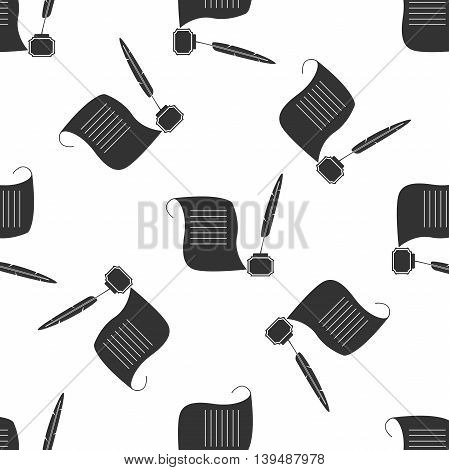 Quill Pen with inkwell and paper scroll icon seamless pattern on white background. Vector Illustration