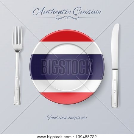 Authentic Cuisine of Thailand. Plate with Thail Flag and Cutlery