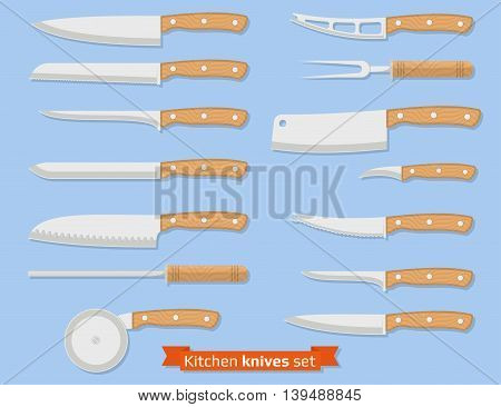 Kitchenware. Set of different kinds of knives. Flat style. Vector illustration