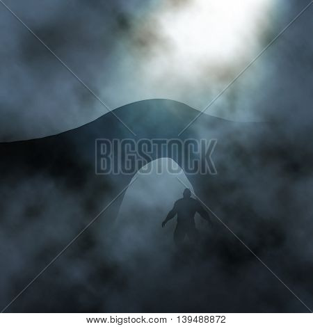 Editable vector illustration of a large man waiting under a bridge in foggy conditions created using gradient meshes
