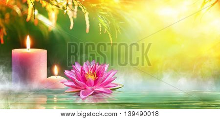 Spa - Serenity And Meditation With Candles And Waterlily In Zen Garden