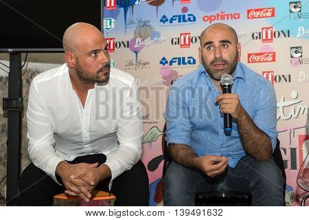 Giffoni Valle Piana SA ITALY - July 16 2016: Actor Marco d'Amore and Francesco Ghiaccio poses at master class during the 46th Giffoni Film Festival