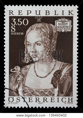 ZAGREB, CROATIA - JULY 03: stamp printed by Austria, shows Art Treasures in Austria, Venice Girl by Albrecht Durer, circa 1971, on July 03, 2014, Zagreb, Croatia