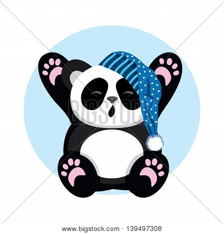Sleepy Panda in the cap yawns and stretch oneself. Character cute and beautiful bear. Vector illustration