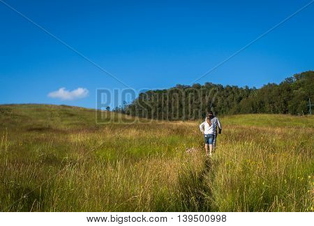Guy and girl walking over green field