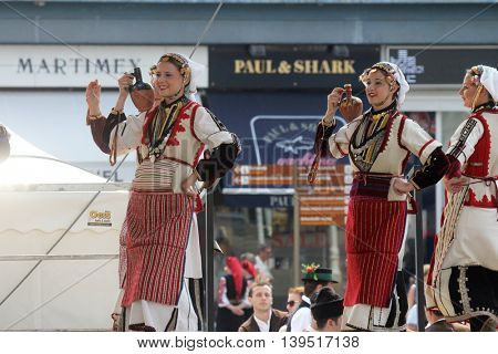 ZAGREB, CROATIA - JULY 22: Members of folk group Etnos from Skopje, Macedonia during the 50th International Folklore Festival in center of Zagreb, Croatia on July 22, 2016