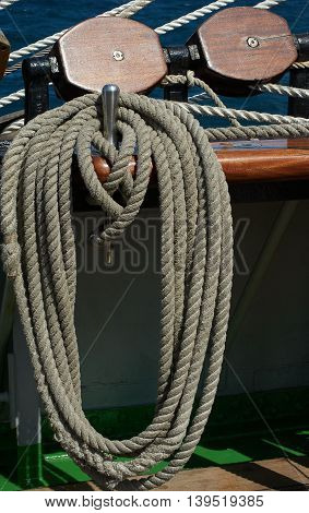 Rigging of a sailing ship, white rope