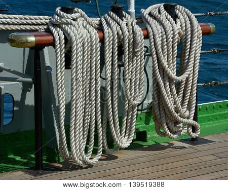 Rigging of a sailing ship, white rope