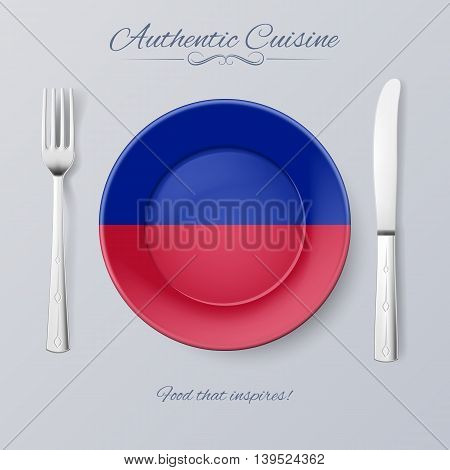 Authentic Cuisine of Haiti. Plate with Haitian Flag and Cutlery