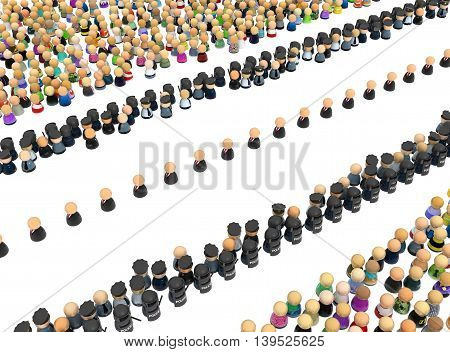 Crowd of small symbolic figures procession security 3d illustration horizontal over white isolated