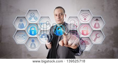 Happy information security professional is closing a lock to secure data via touch. Unprotected computer network remains red. Business concept for data security computer security crime prevention.