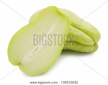 a chayote with leafs on white background