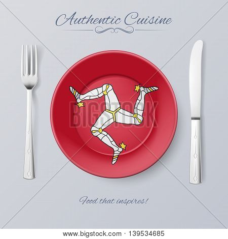 Authentic Cuisine of Isle of Man. Plate with Flag and Cutlery