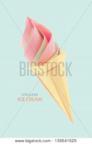 Fruit pink and green ice cream in the cone origami paper desert on a blue background