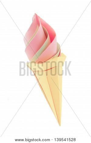Fruit pink and green ice cream in the cone origami paper desert on a white background