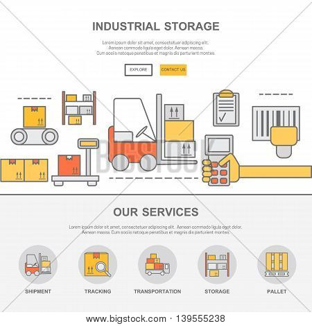Web design template with thin line icons of warehouse stock and industrial storage. Flat design graphic image concept website elements layout.