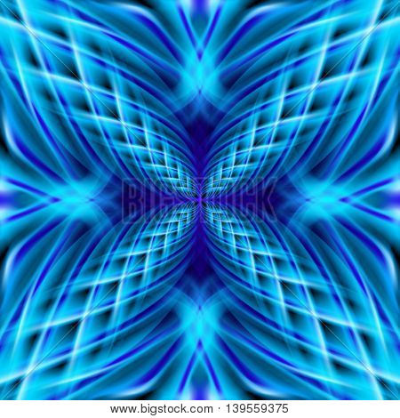 Blue shiny glossy braid smeary decorative flamy floral pattern on the black background. Four beautiful patterns in different directions.