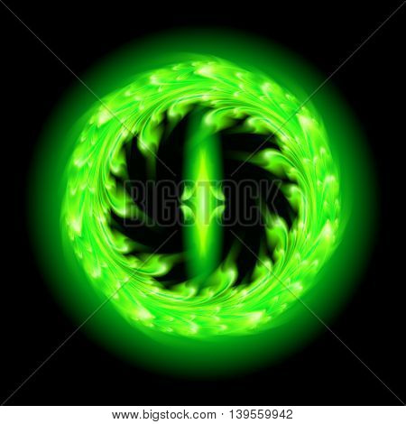 Green fire ornate decorative floral pattern on the black background. Two swirl vertical symmetry patterns.