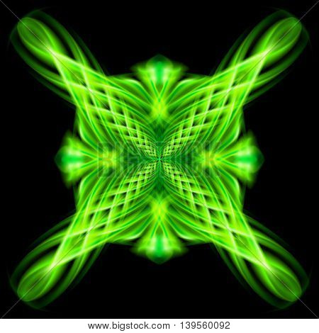 Green shiny glossy ornate decorative braid flamy floral pattern on the black background. Four patterns in different directions.