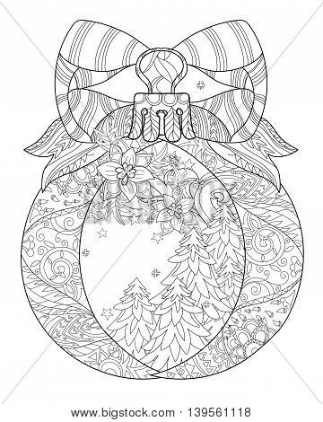 Vector cute winter landscape in christmas fir tree ball.Hand drawn line illustration.Sketch for postcard or print or coloring adult anti stress book.Boho zen art style.