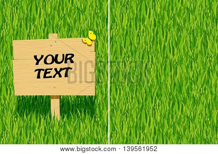 Wood rustic signboard with green grass horizontal seamless pattern background. Vector Illustration