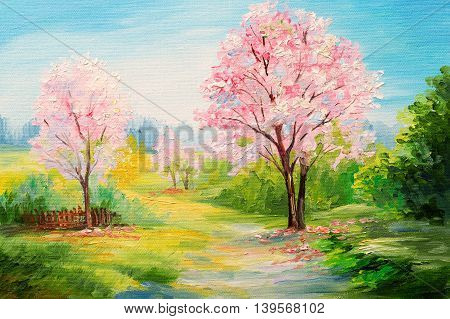 oil painting colorful forest сherry blossoms art watercolour