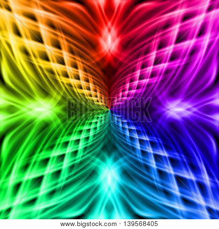 Multicolored shiny glossy braid smeary decorative flamy floral pattern on the black background. Four beautiful patterns in different directions.