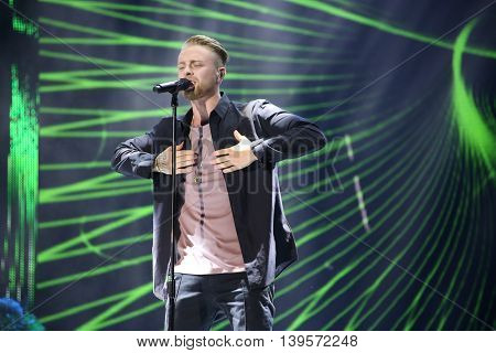 VITEBSK, BELARUS - JULY 17: Russian pop singer Egor Kreed performs during the 25th Slavyansky Bazar Festival on July 17, 2016 in Vitebsk, Belarus