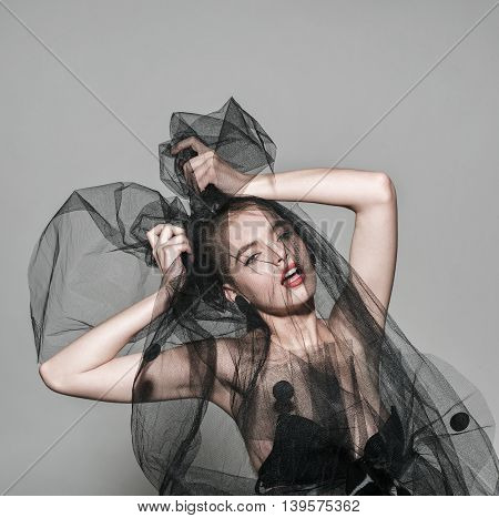 veil fashion sexy woman art vogue photo red lips professional beauty model face