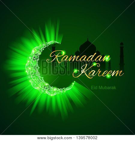 Glowing ornate crescent with bright flare in brilliant emerald shades. Greeting card of holy Muslim month Ramadan
