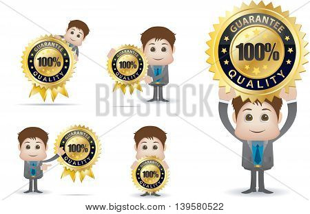 Businessman character holding gold guarantee quality badge