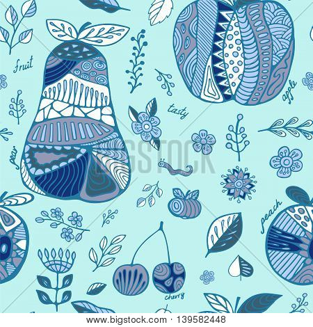 stock vector set of fruit with cherry pear peach apple leaf and flower.seamless hand draw doodle pattern