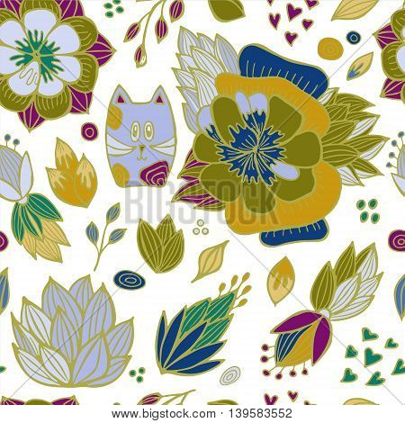 stock vector abstract seamless pattern. orient floral ornament with cat