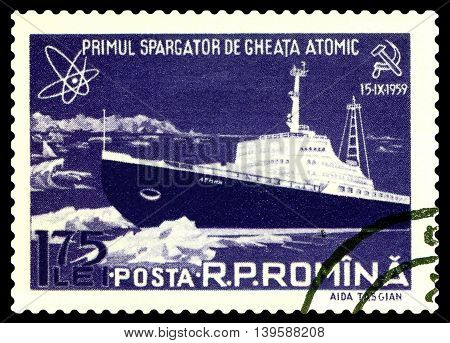 STAVROPOL RUSSIA - July 23 2016: A Stamp printed in the Romania shows known russian Atomic Icebreakers Lenin circa 1959