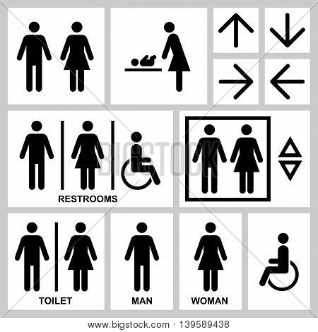 Silhouette Man & Woman public access icons set, vector illustration