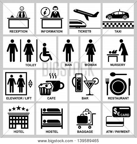 Public access hotel and station services icons set, vector illustration