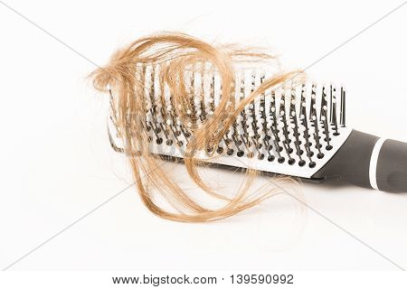 Close-up of hair loss, long hair, alopecia on white background with brush, comb nobody
