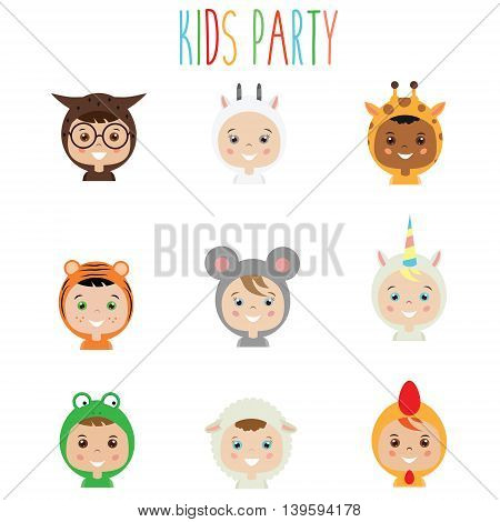 Kids party outfit. Cute smiling happy children in animal carnival costumes vector illustration. Isolated boys and girls portraits in animal clothes. Stickers design elements
