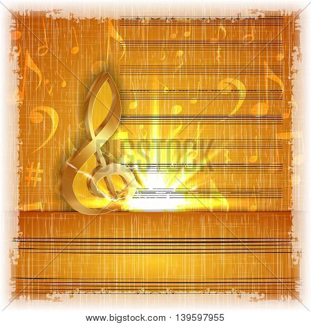 Music background with a gold treble clef on the old music paper with texture and bright flash. It can be used with any image on a white background.